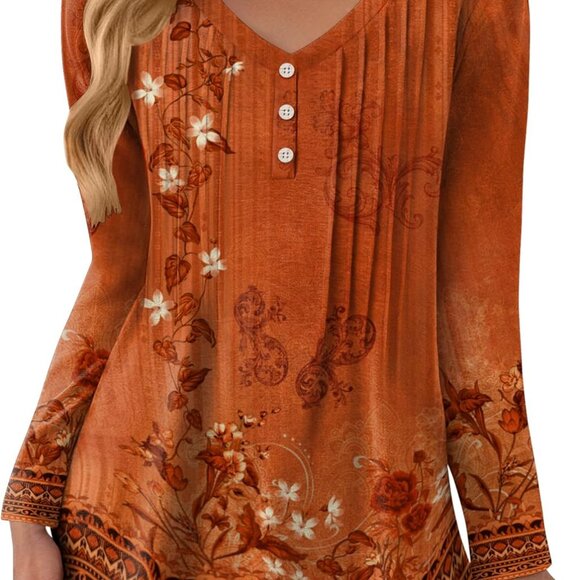 Tops - Trendy Women's Long Sleeve Pleated Tunic - Comfortable V-Neck Blouse, Size L